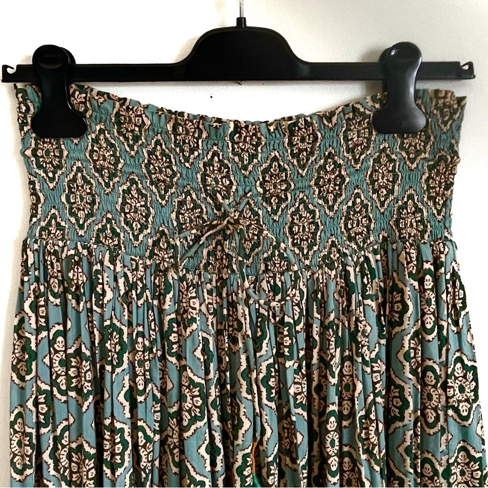 Zara Boho Drawstring Smock Waist Medallion Printed Maxi Skirt In Green S NWT - Picture 9 of 15